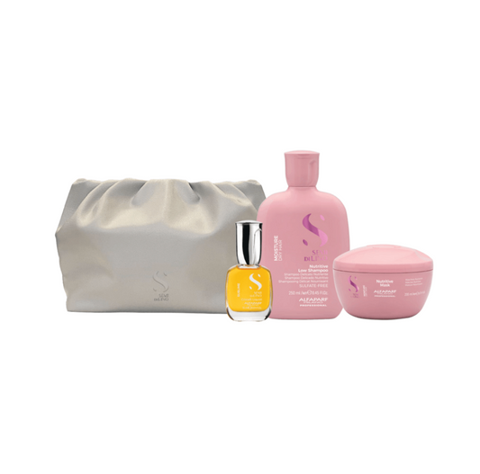 Alfaparf Milano Semi di Lino Moisture Shampoo 250ml, moisture nutritive mask 200 ml, Cristalli Liquidi Hair Oil Serum (15ml), semi di lino beauty bag